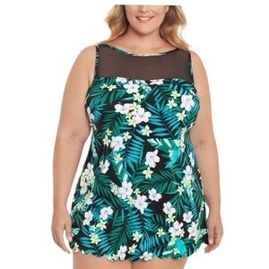 SWIM SOLUTIONS Women's Black Tropical Print High Neck Scalloped Swimdress